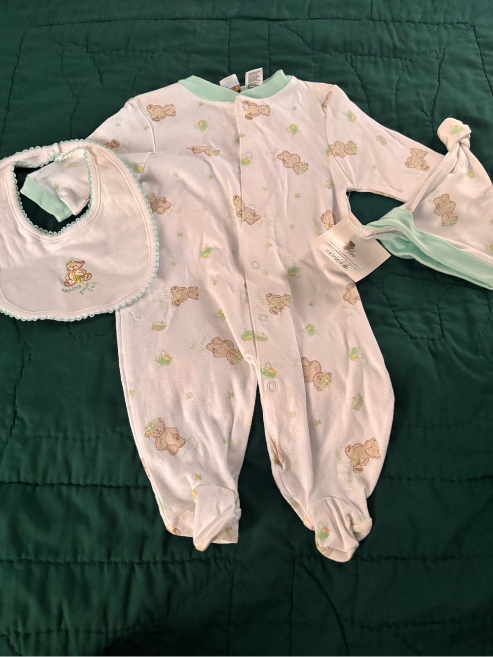 Soft White and Mint Baby One-Piece Footed Sleeper with Bib and Hat
